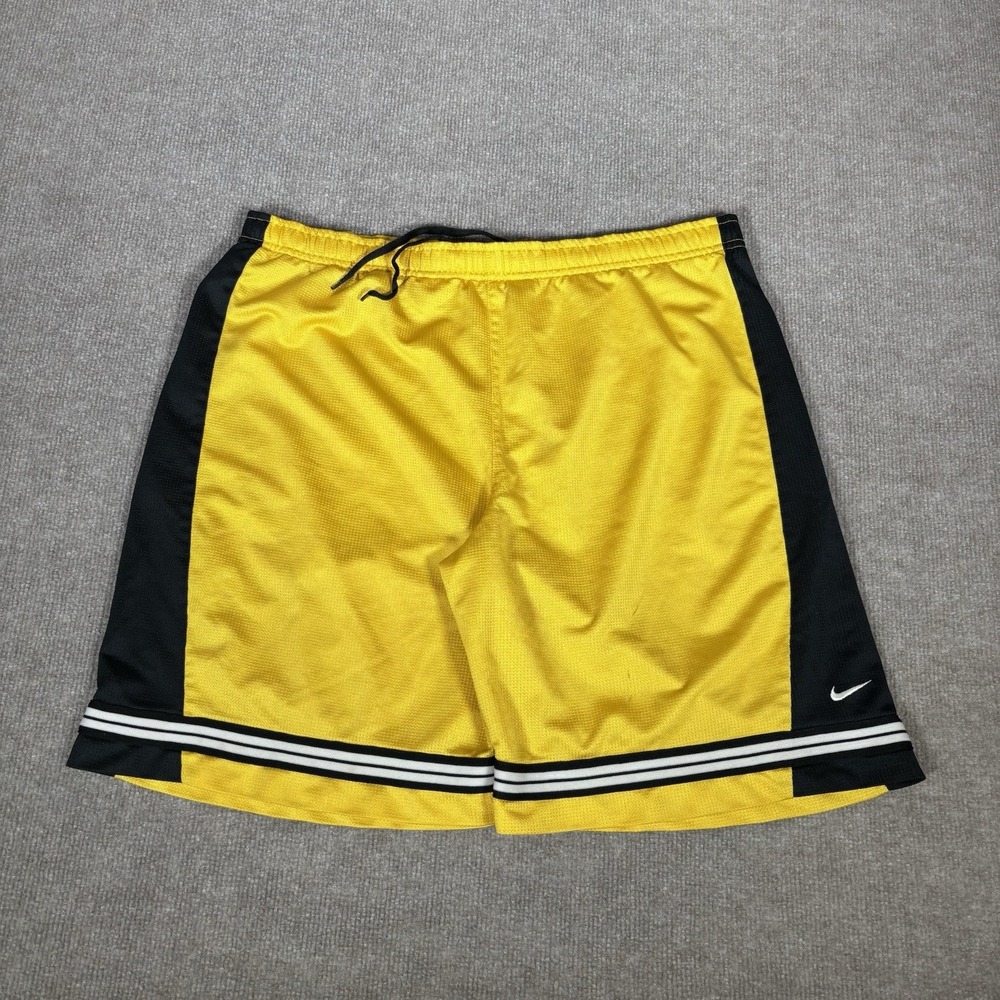 Vintage Nike Shorts Mens M Yellow Striped Swoosh Athletic Basketball Gym Y2K